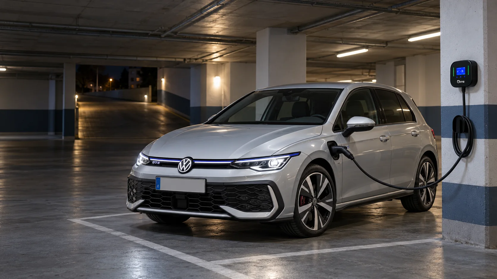 Imagen ilustrativa de un Volkswagen Golf GTE gris plata, híbrido enchufable, conectado a un Ohme Home Pro en un garaje comunitario con el cable elevado