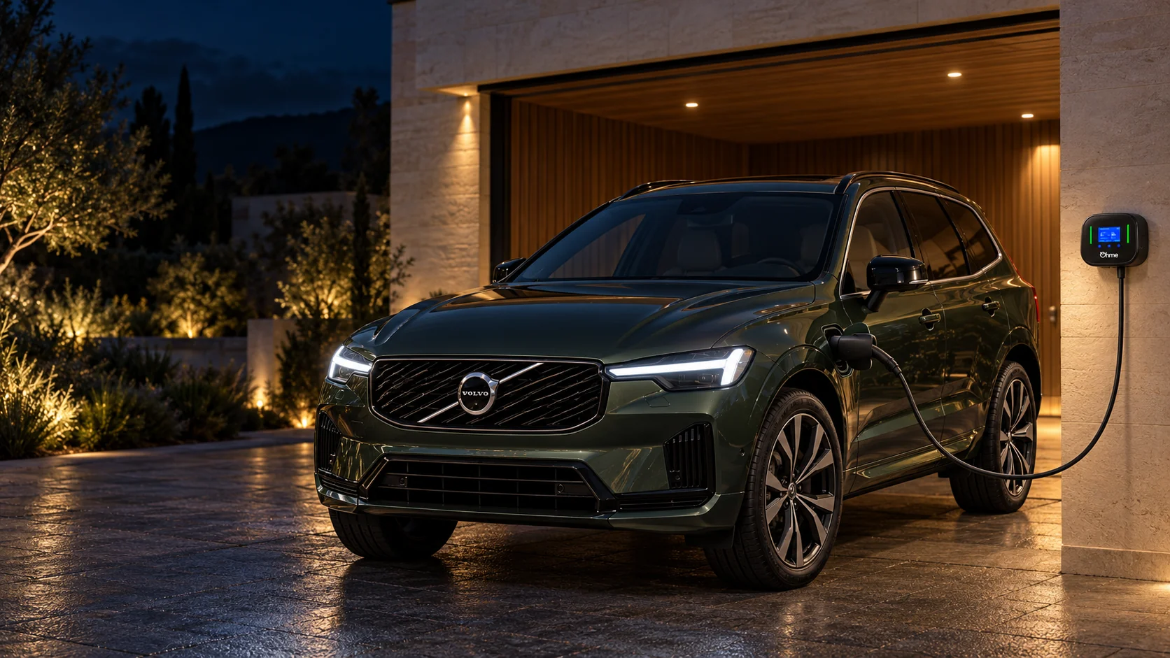 Imagen ilustrativa de un Volvo XC60 híbrido enchufable verde conectado a un Ohme Home Pro en un garaje de madera nocturno, con el cable elevado